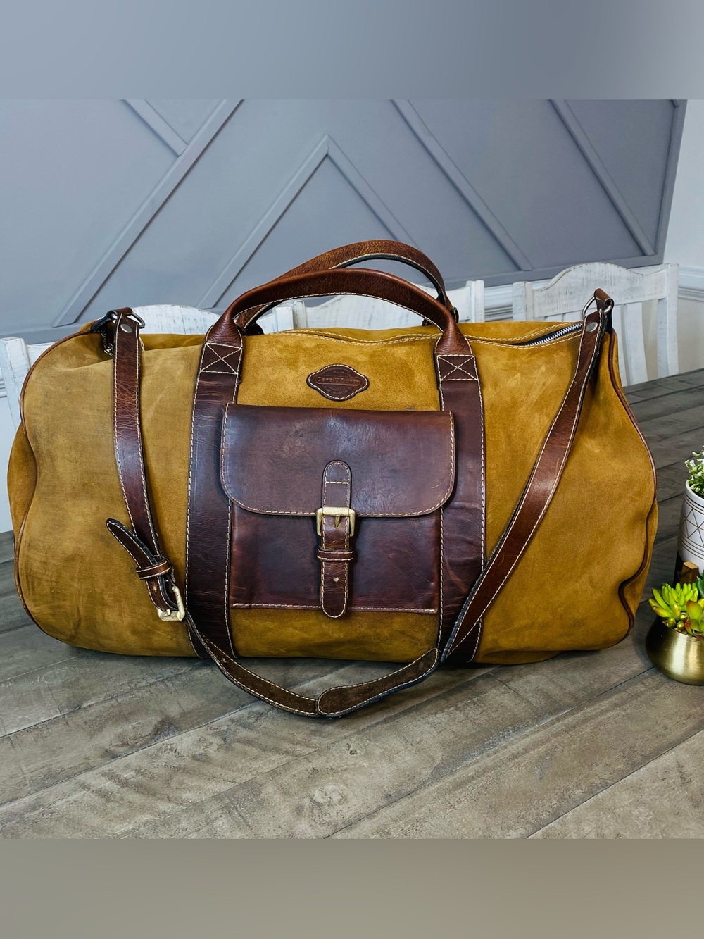 VTG Geno D'Lucca Large Suede Leather Duffle Bag Travel Weekender Luggage Brown
